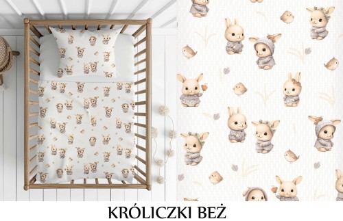 Pościel 100% BAWEŁNA Renforce DLA DZIECI | 135x100cm (poszwa) + 1x 40x60cm (poszewka) | Do łóżeczka, przedszkola, żłobka | Wykończenie satynowe | KRÓLICZKI BEŻ
