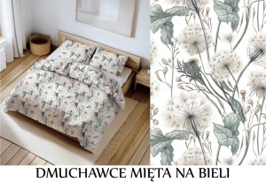 Pościel 100% BAWEŁNA Renforce | 160x200cm (poszwa) + 2x 70x80cm (poszewki) | Wykończenie satynowe | MIĘTA NA BIELI MIR