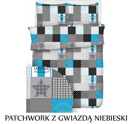 Pościel hotelowa 100% Bawełna Kora | PATCHWORK Z GWIAZDĄ NIEBIESKI