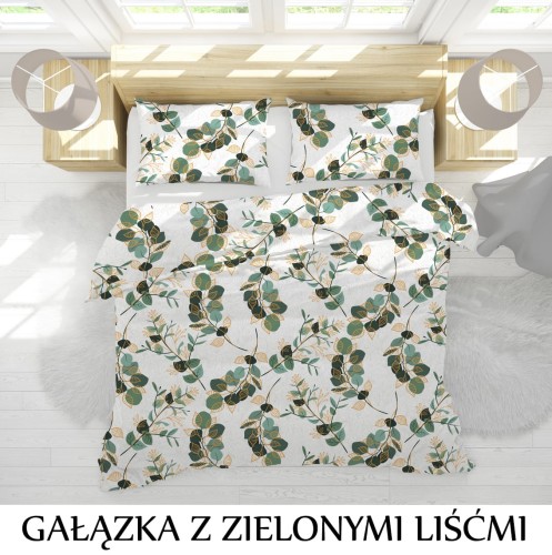 Pościel hotelowa 100% Bawełna Renforce Wykończenie Satynowe | GAŁĄZKI Z ZIELONYMI LIŚCIAMI