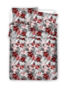 Pościel 100% BAWEŁNA KORA | 160x200cm (poszwa) + 2x 70x80cm (poszewki) | KWIECISTA MONSTERA BORDO