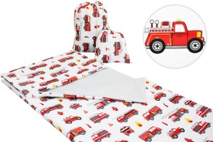 ŚPIWOREK DLA DZIECKA PRZEDSZKOLAKA 70x125 cm / 75x140 cm WOZY STRAŻACKIE BIAŁE + POPIEL