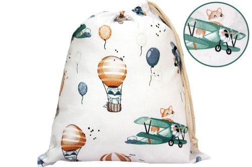 WOREK NA BUTY KAPCIE STRÓJ GIMNASTYCZNY 32x38cm DO SZKOŁY I PRZEDSZKOLA | LIS W SAMOLOCIE ZIELONY