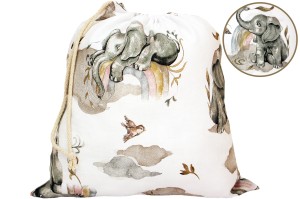 WOREK NA BUTY KAPCIE STRÓJ GIMNASTYCZNY 32x38cm DO SZKOŁY I PRZEDSZKOLA | SŁOŃ Z TĘCZĄ BEŻOWY