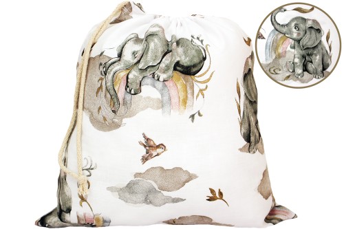WOREK NA BUTY KAPCIE STRÓJ GIMNASTYCZNY 32x38cm DO SZKOŁY I PRZEDSZKOLA | SŁOŃ Z TĘCZĄ BEŻOWY