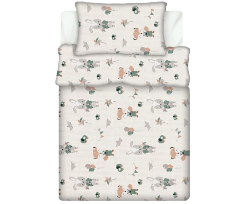 Pościel 100% BAWEŁNA Renforce DLA DZIECI | 90x120cm (poszwa) + 1x 40x60cm (poszewka) | Do łóżeczka | Wykończenie satynowe | LIS I KRÓLIK