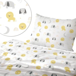 Pościel 100% BAWEŁNA Renforce DLA DZIECI | 135x100cm (poszwa) + 1x 40x60cm (poszewka) | Do łóżeczka, przedszkola, żłobka | Wykończenie satynowe | ZOO ŻÓŁTE