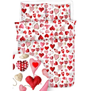 Pościel 100% BAWEŁNA KORA | 160x200cm (poszwa) + 2x 70x80cm (poszewki) | SERCA GUZIKI NA BIAŁYM