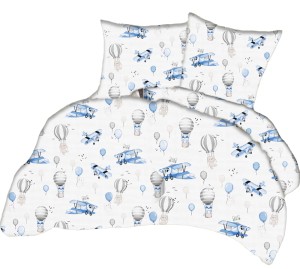 Pościel 100% BAWEŁNA Renforce | 160x200cm (poszwa) + 2x 70x80cm (poszewki) | Wykończenie satynowe | LIS W SAMOLOCIE NIEBIESKI