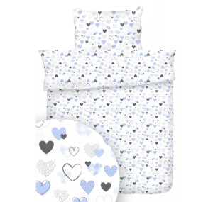 Pościel 100% BAWEŁNA Renforce DLA DZIECI | 135x100cm (poszwa) + 1x 40x60cm (poszewka) | Do łóżeczka, przedszkola, żłobka | Wykończenie satynowe | NIEBIESKIE SERDUSZKA