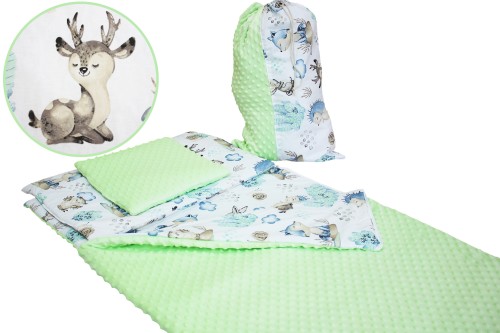 ŚPIWOREK DLA DZIECKA PRZEDSZKOLAKA 70x125 cm / 75x140 cm MINKY SELEDYN + JEŻ I SARNA