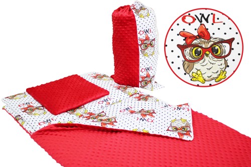 ŚPIWOREK DLA DZIECKA PRZEDSZKOLAKA 70x125 cm / 75x140 cm MINKY CZERWONE + SÓWKI OWL