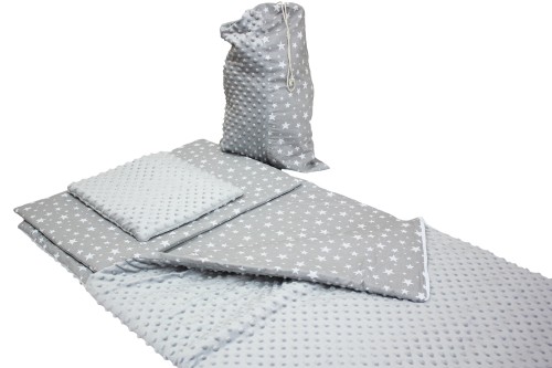 ŚPIWOREK DLA DZIECKA PRZEDSZKOLAKA 70x125 cm / 75x140 cm MINKY POPIEL + GWIAZDKI NA SZARYM