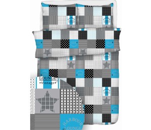 Pościel 100% BAWEŁNA KORA | 160x200cm (poszwa) + 2x 70x80cm (poszewki) | PATCHWORK Z GWIAZDĄ NIEBIESKI