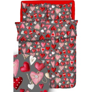 Pościel 100% BAWEŁNA KORA | 160x200cm (poszwa) + 2x 70x80cm (poszewki) |  SERCA GUZIKI NA POPIELU