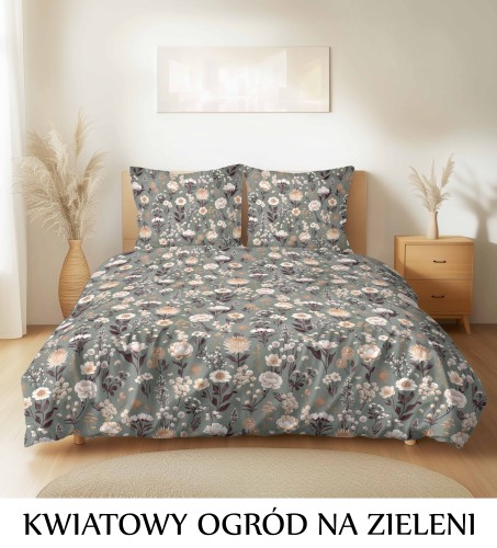 Pościel hotelowa 100% Bawełna Renforce Wykończenie Satynowe | KWIATOWY OGRÓD NA ZIELENI .jpg