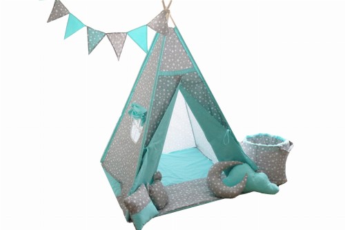 Namiot dla dzieci TIPI WIGWAM 7 DODATKÓW H1 BIAŁE GWIAZDKI + MIĘTA