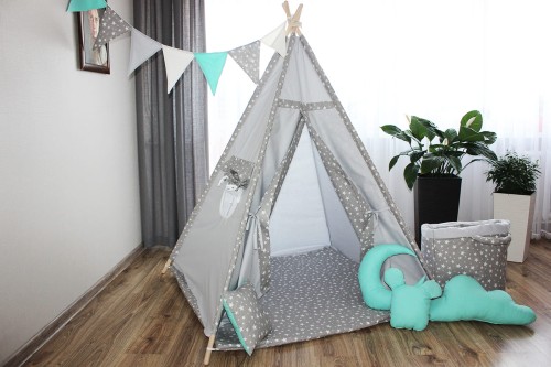 Namiot dla dzieci TIPI WIGWAM 7 DODATKÓW L1 - SZARY + BIAŁE GWIAZDKI