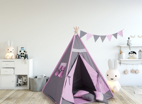 Namiot dla dzieci TIPI WIGWAM + 3 PODUSZKI G1 SZARY + RÓŻOWY + KORONKA